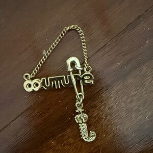 Gold-tone Script Safety Pin Charm Brooch with J Pendant